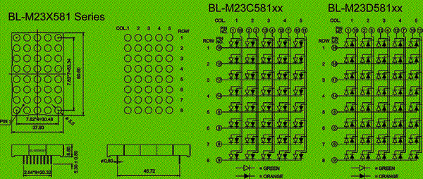 2.3 inch height 5x8 LED dot matrix, bi-color circuit and dimension optoelectronics - Dot matrix LED - led message display Package diagram